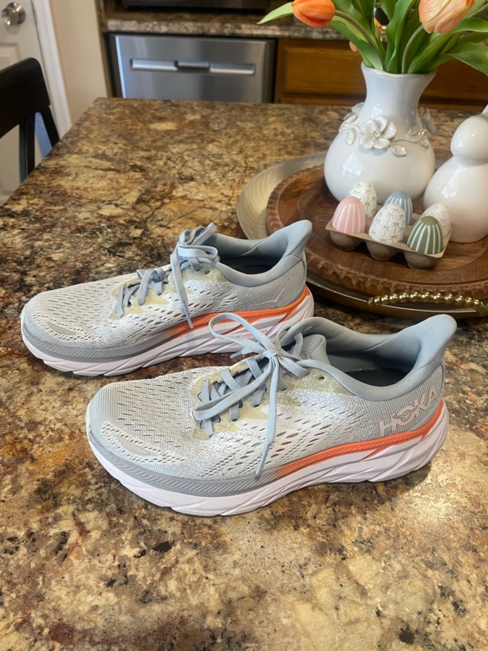 Hoka Women's Light Gray Running Sneakers with Coral Accent